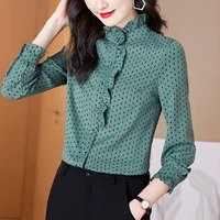 korean women blouses chiffon blouse women long sleeve shirt woman vintage ruffles shirts tops woman dot print blouse shirts 3xl