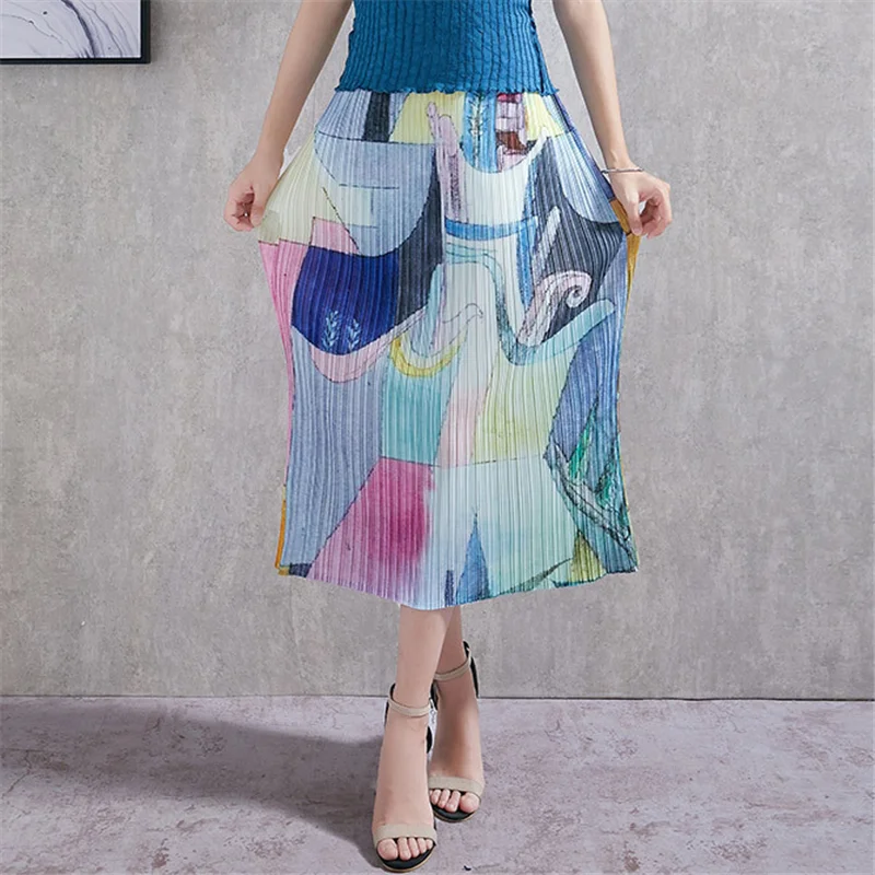 Miyake skirt 2021 summer  product niche fashion comfortable printed pleated skirt casual mid-length A-line bag hip skirt female