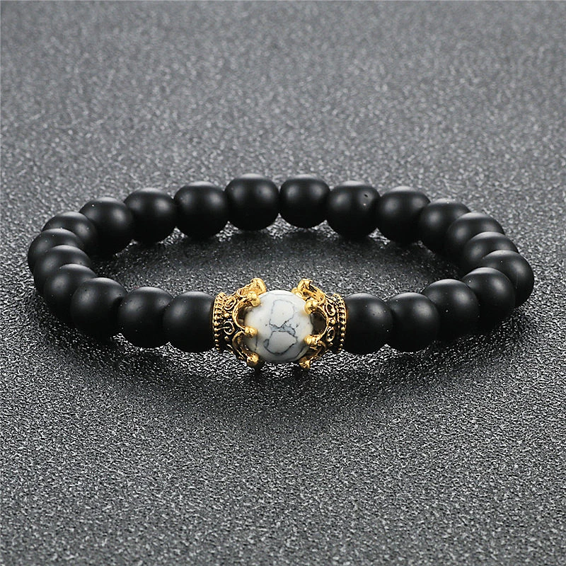 8mm Natural Matte Stone Black White Bead Charm Bracelets&ampBangle King Queen Crown Handmade Elastic Bracelet for Woemn Men Jewelry |