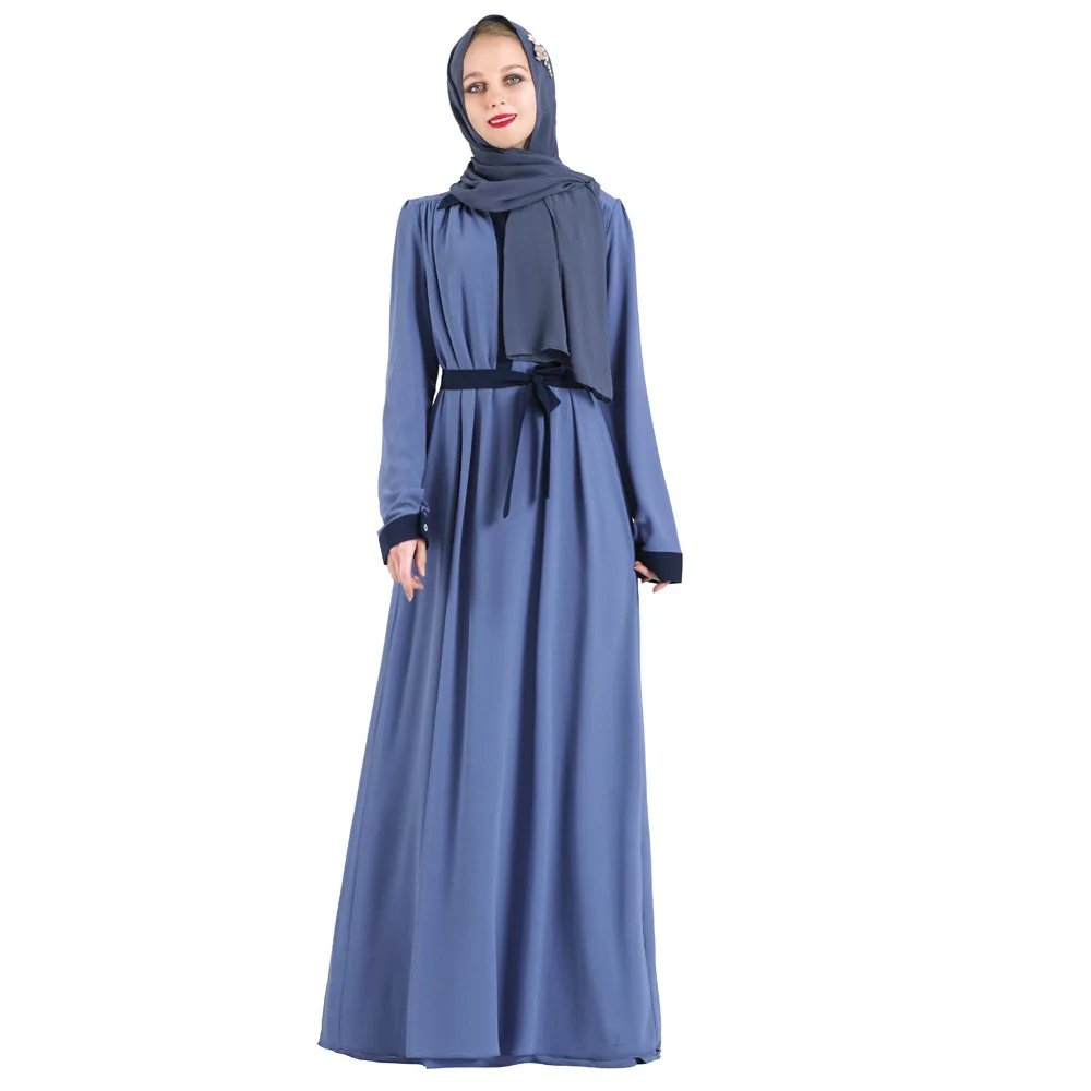 

Fashion hit color mulsim peignoir Muslim abayas Dubai Muslim full length robes Worship Service abayas with belt F1718