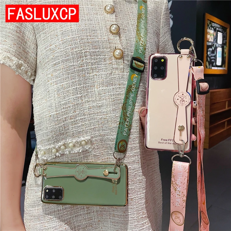 

Galaxy A72 32 A72 51 71 42 12 11 21S 50 70 A31 02S A750 M51 M31 Case Fashion Shoulder Strap Plating Clock Wristband Holder Cover