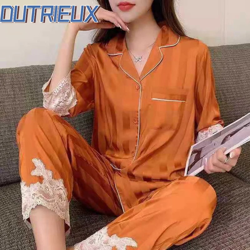 

DUTRIEUX Lady's Pajamas Spring New Silk Three-Quarter Length Sleeves Trousers Nightwear Striped Lace Sleepwear Two-piece Set