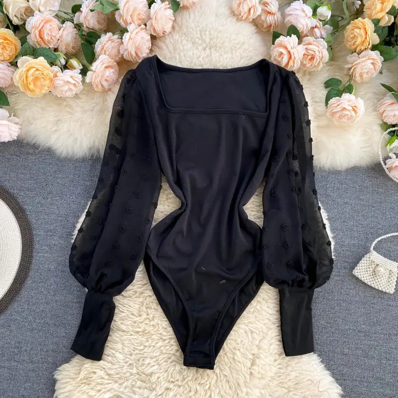 

Fashion women new spring autumn square collar chiffon patchwork long puff sleeve blouse shirt casual female slim basic shirt top