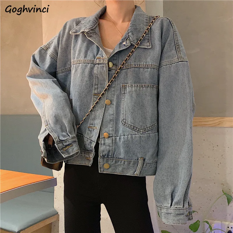 

Джинсовые базовые куртки для женщин, повседневные универсальные однобортные весенние пальто в стиле ретро с длинным рукавом, верхняя одежд...