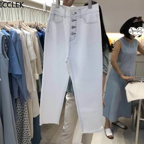 

ICCLEK Women Korean Version Ins Summer and Autumn New Slim High Waist High Elastic Ripped White Denim Jeans Pants Women