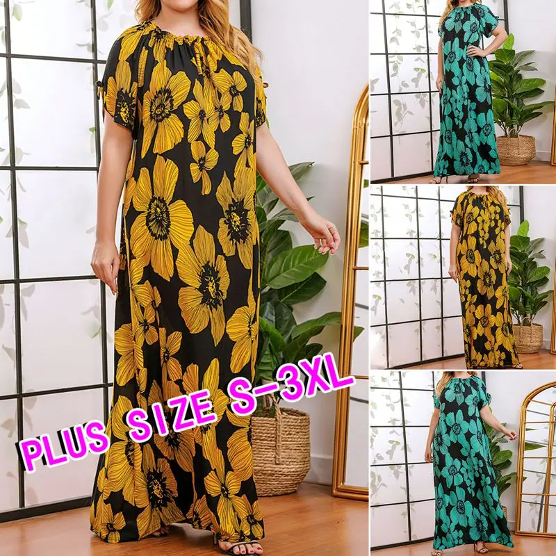 

Vintage Fashion Floral Print Long Dresses for Women Summer Plus Size Casual O-Neck Short Sleeve Elegant Dress Retro Robe Femme