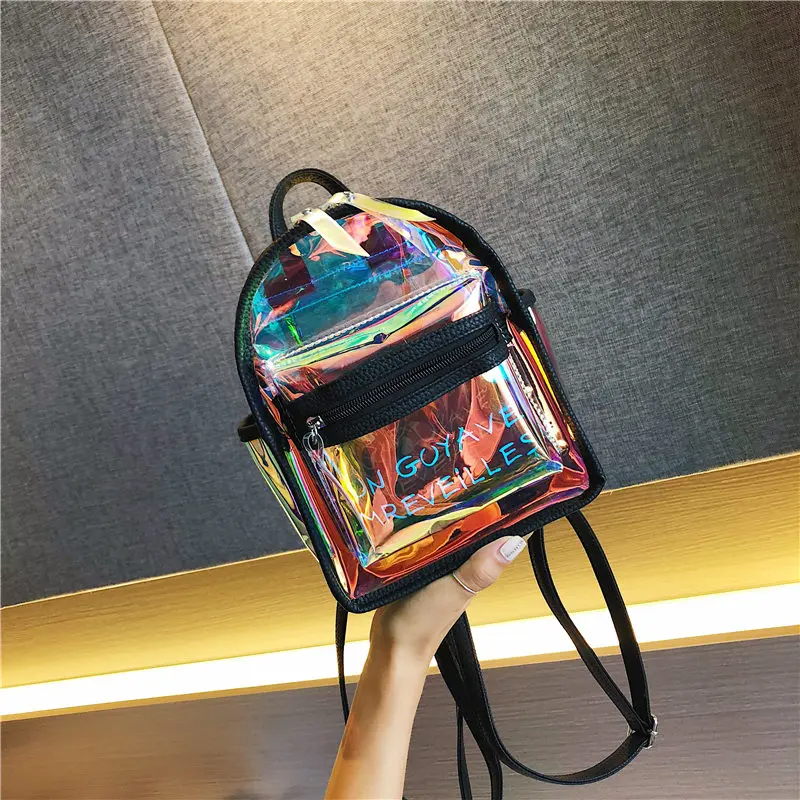 Летний мини-рюкзак для женщин прозрачный милый прозрачный Mochila дизайн рюкзак для девочек-подростков Высокое качество Kawaii голографическая сумка - Цвет: Black
