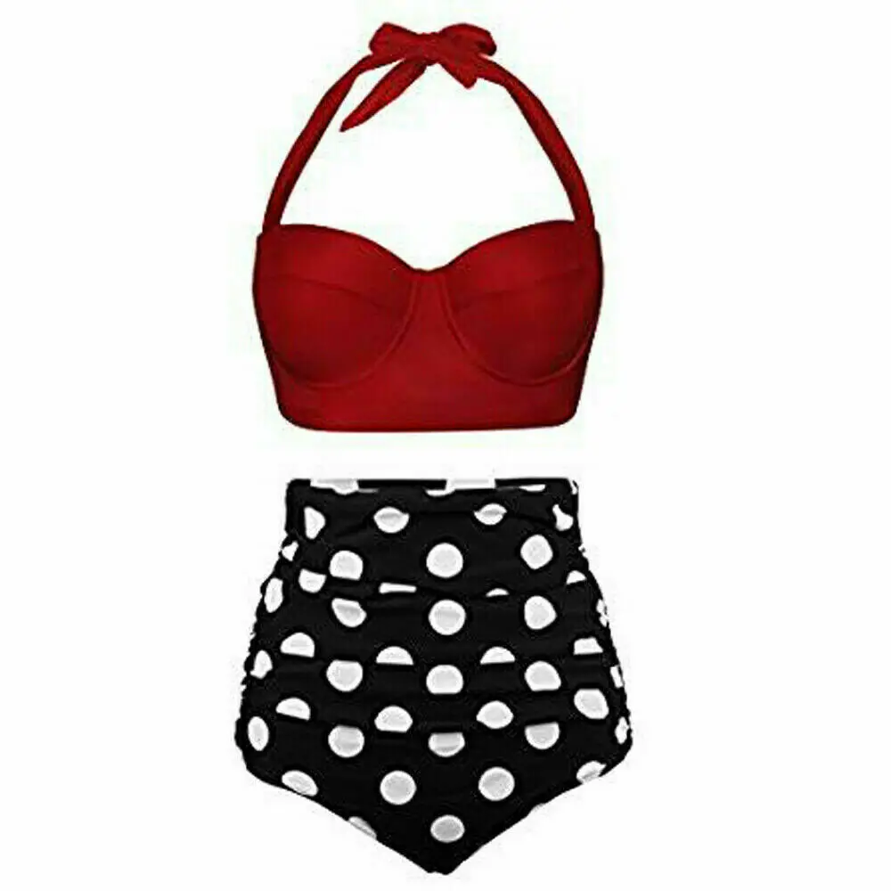 

New Womens Vintage High Waist Floral Print Women Bikini Set Strap Padded Bra Polka Dot Swimwear Bathing Suit Beachwear Costume