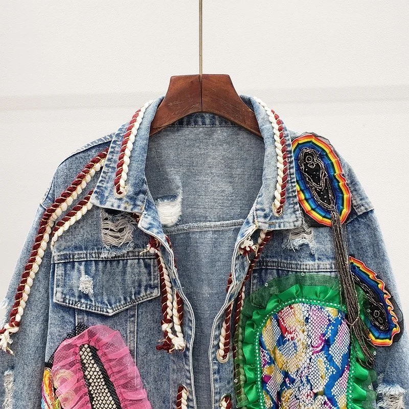 

Women Denim Jacket Spring Autumn Street Hole Ripped Tassel Diamonds Patchwork Turn-Down Collar Outerwear Vintage Cardigan Coat