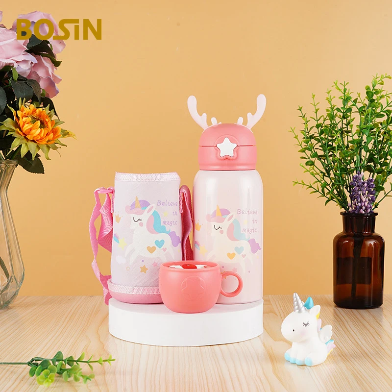 Мультяшный детский термос бутылка для воды с соломинкой и ремешком крышка