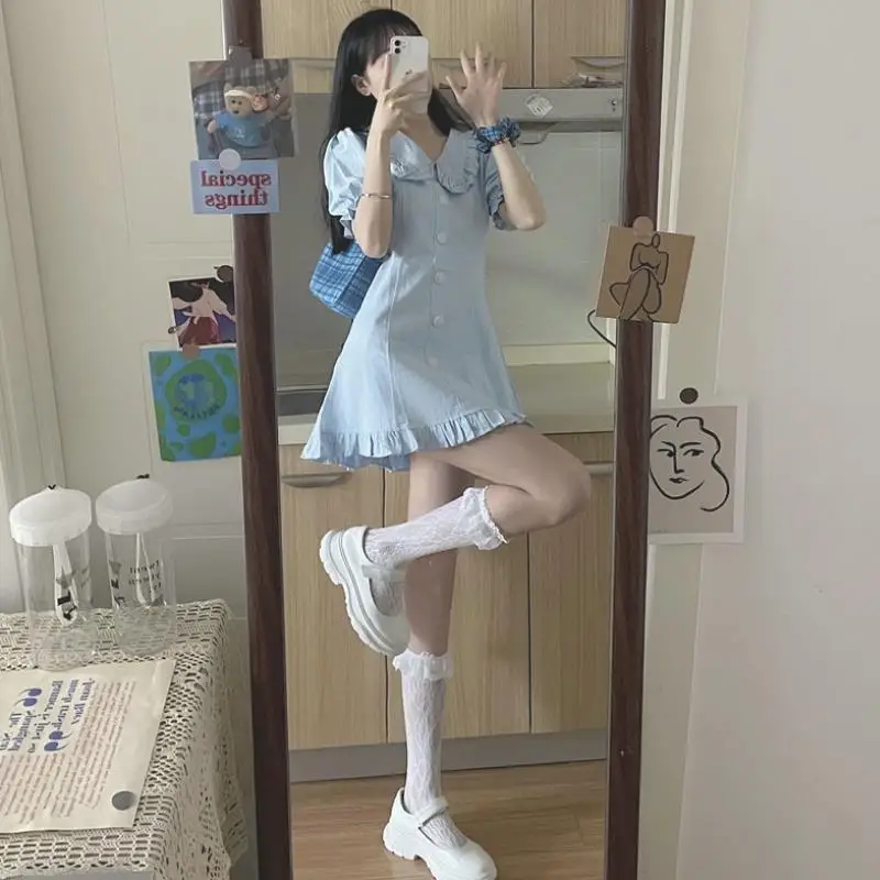 

Platycodon Skirt First Love Small French Light Blue Skirt Female Summer Doll Collar Bubble Sleeve Waist A-shaped Dress