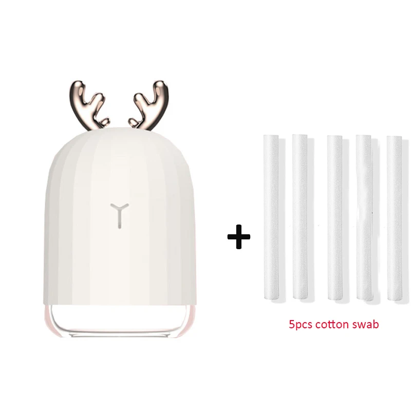 White and 5 filters USB Deer Air Humidifier Ultrasonic Cool Mist Adorable Mini Humidifier With LED Light Car Aromatherapy Essential Oil Diffuser - Цвет: White and 5 filters