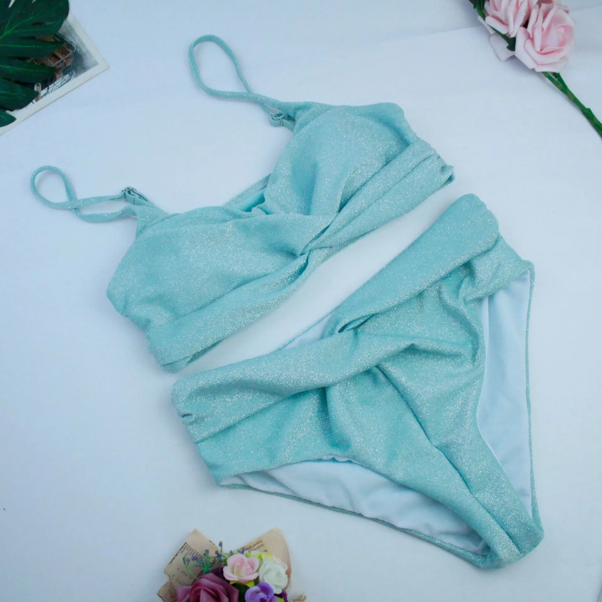 Комплект бикини с высокой талией блестящий купальник женский 2020 треугольный