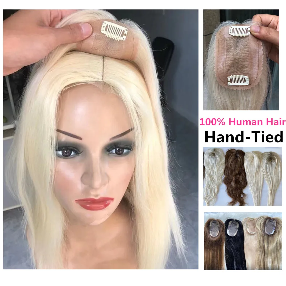 6*9 8*12 Silk Base Hair Topper For Women Blonde Black Brown 18" Jewish 100% Human Hair Hand Tied Mono Hair Topper For Hair Loss