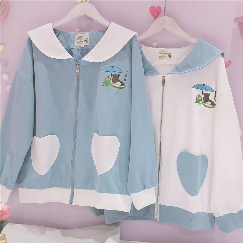 Японский милый медведь вышивка любовь сердце карманы пальто для женщин Bestie топы