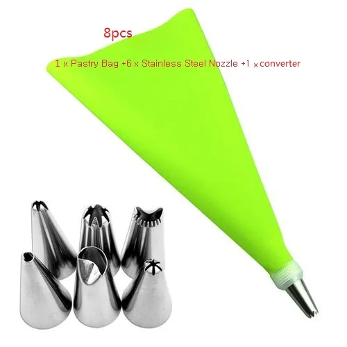 Type 3 green 8PCS 16 шт./компл. силиконовая насадка для айсинга Крем кондитерский мешок+ 14 шт. Нержавеющая сталь насадка насадки-конвертеры для кондитерских насадок форма для выпечки тортов DIY украшения инструменты - Цвет: Type 3 green 8PCS