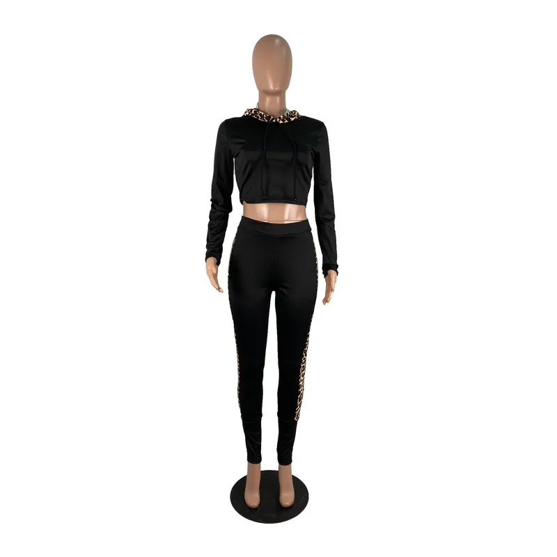 

Leopard Spliced Two Piece Set Women Fall Winter Clothes Long Sleeve Hooded Crop Top +Pencil Pant Outfits Vintage Plus Size Suit