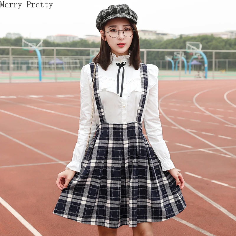 

Women's Sets Ruffles Lace Up White Blouses And Paid Strap Mini Skirt Pleated Skirts 2021 Sweet Style Girl Two Piece Sets