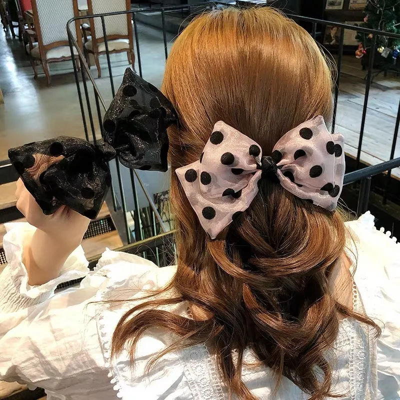 Эластичные резинки для волос с большим бантом в горошек женские повязка на