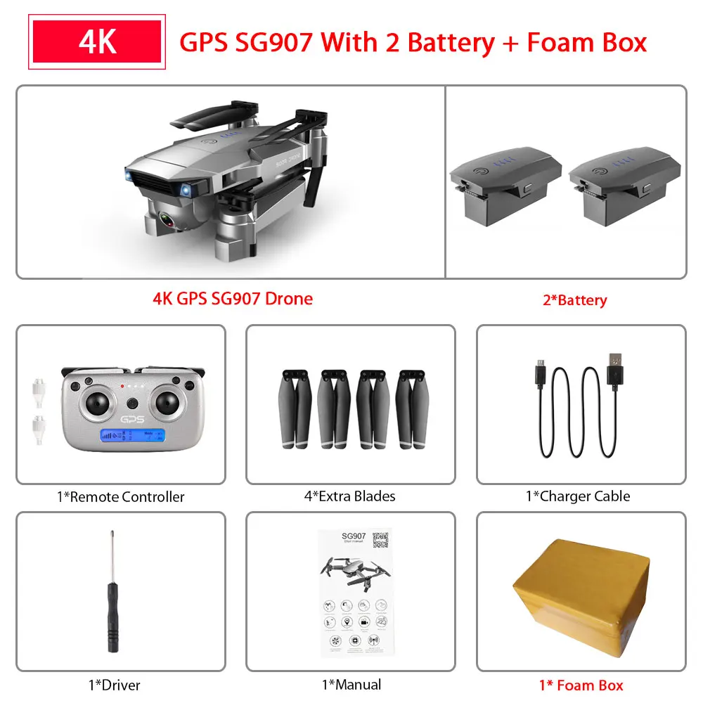 SG907 4K 2B Foam Box ZWN SG907 SG901 gps Радиоуправляемый квадрокоптер с Wifi FPV 1080P 4K HD Двойная камера оптический поток Дрон следуй за мной мини Дрон VS SG106 E502S - Цвет: SG907 4K 2B Foam Box