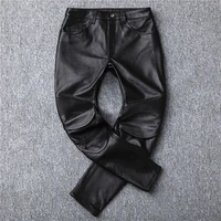 free shipping mens genuine leaher cargo pants quality black pro motor rider cow leather long pants protective gear trousers