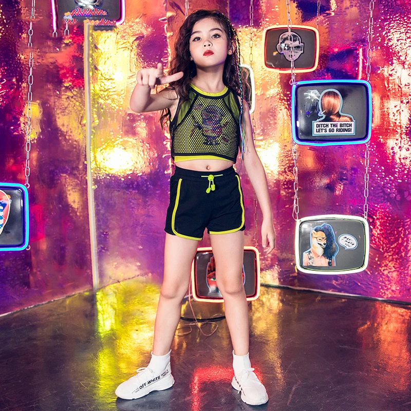 

New Dance Costume Girls Hip Hop Sets Kids Net Tops Sleeveless Stroj Taneczny Girls Jazz Clothing Street Hip hop Costume VDB741