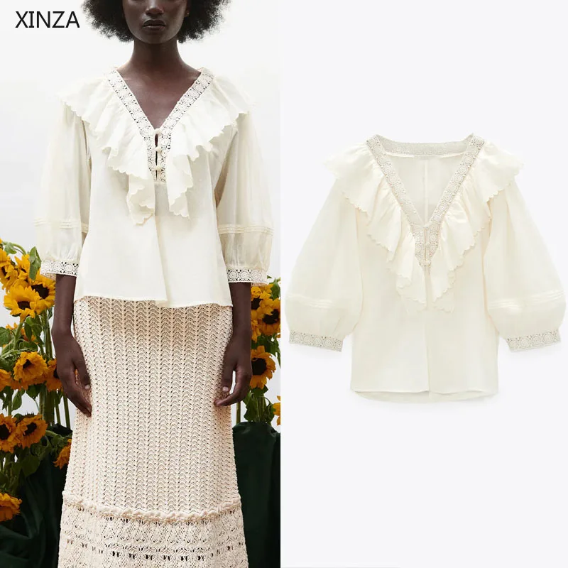 

Za 2021 Women Summer Ruffle Blouse Long Puff Sleeve Embroidery Blouses Chic Button Up Loose Top Feminine Embroidered Shirt