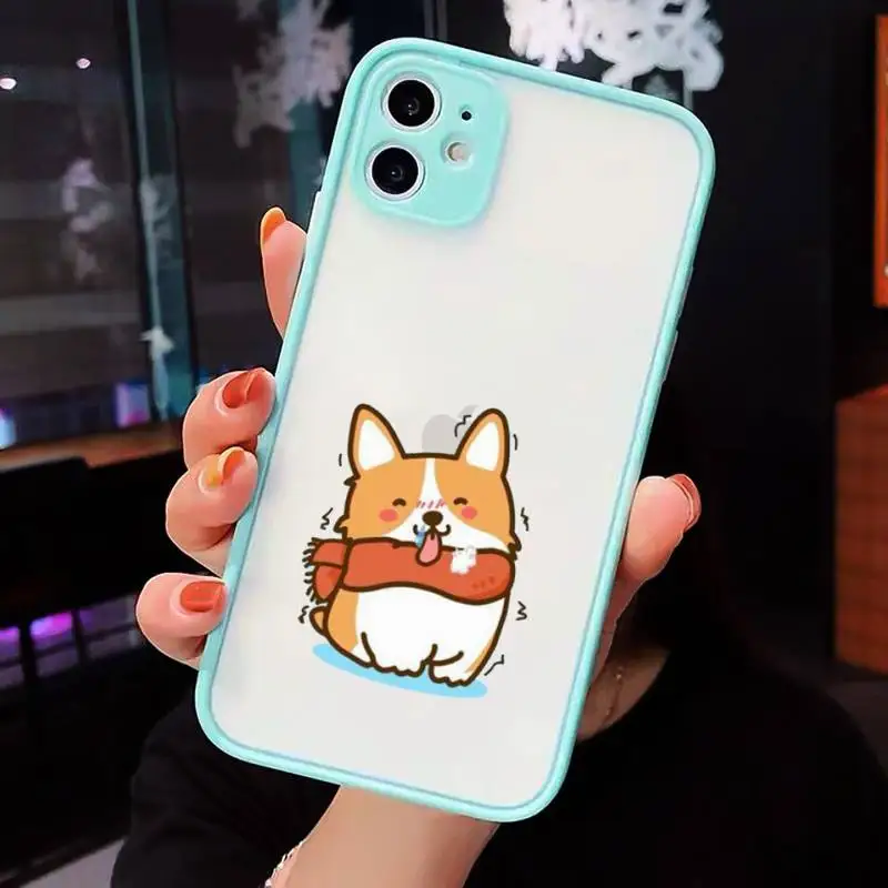

Cute corgi Phone Case For iPhone 12 11 Mini Pro XR XS Max 7 8 Plus X Matte transparent blue Back Cover