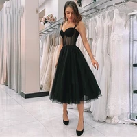 new arrival illusion black prom dress spaghetti strap polka dot tulle tea length formal party gowns short vestido de festa