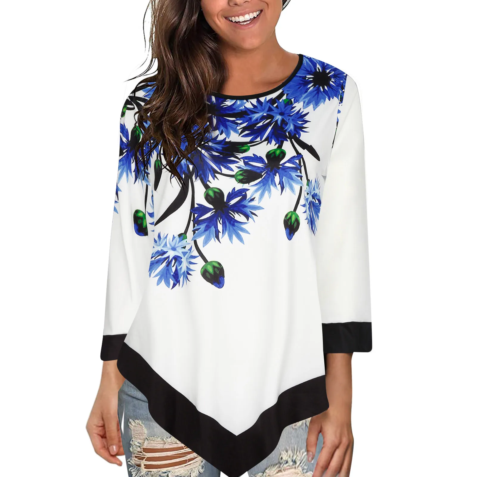 

Женская блузка с круглым вырезом, длинным рукавом и асимметричным подолом