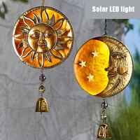 sunmoon face wind chime solar metal art wind bell with led light for window outdoor round hanging home decor room decor macrame