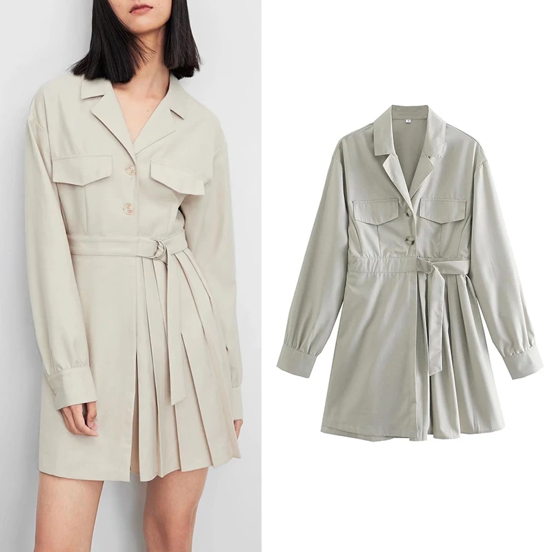 

Za 2021 Fashion Women Notched Collar Solid Dress Vintage Long Sleeve Office Ladies Mini Dress MSD2082