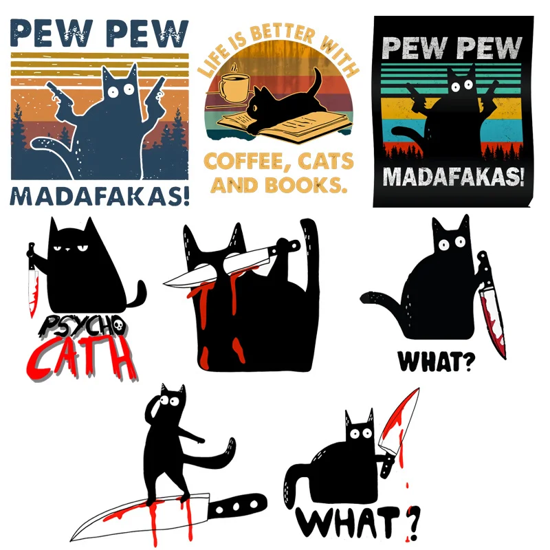 Pew Madafakas Cat T-shirt printing Stickers Halloween Black Knife Killer Applique For Clothes Heat Transfer Vinyl Decor - купить по