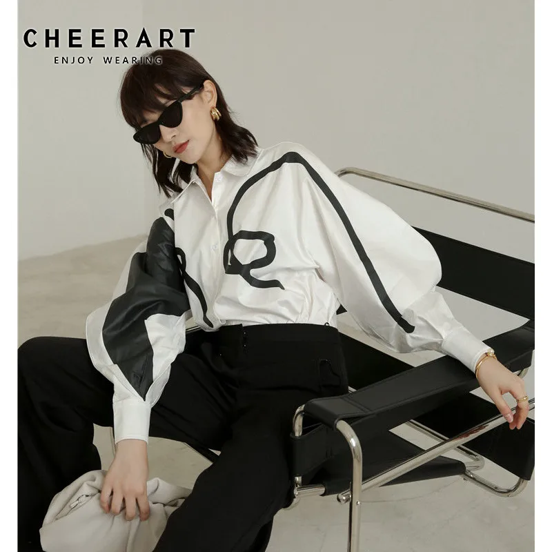 CHEERART белые женские топы и блузки с граффити рубашка длинным рукавом дизайнерский