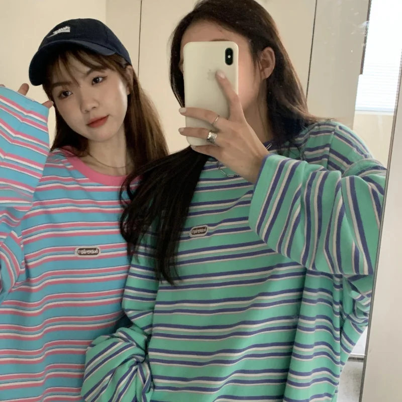 

Harajuku Hip-Hop Striped Long T-Shirt Female Fake Two Pieces Stitching Kpop Couple Grunge Clothes y2k Emo Tee Urban Alt Top 2021