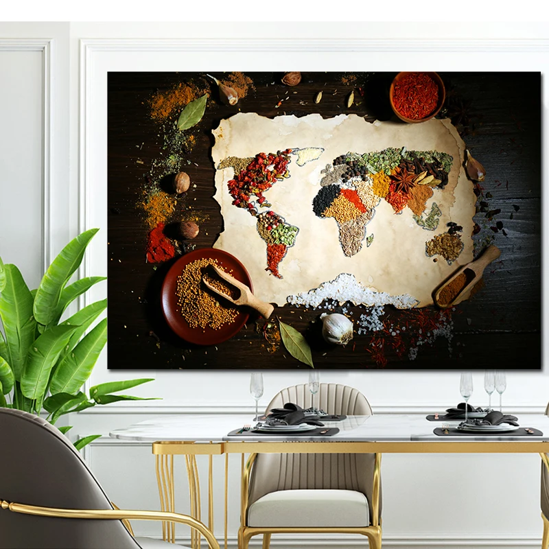 Гобелен с картой мира холщовые плакаты карточки различными специями дизайн едой