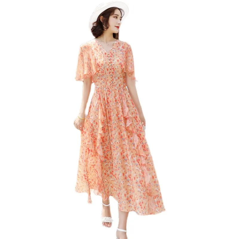 

Summer 2021 New Floral Chiffon Cloak Dress Women Bellflower Seaside Vacation Dress f925