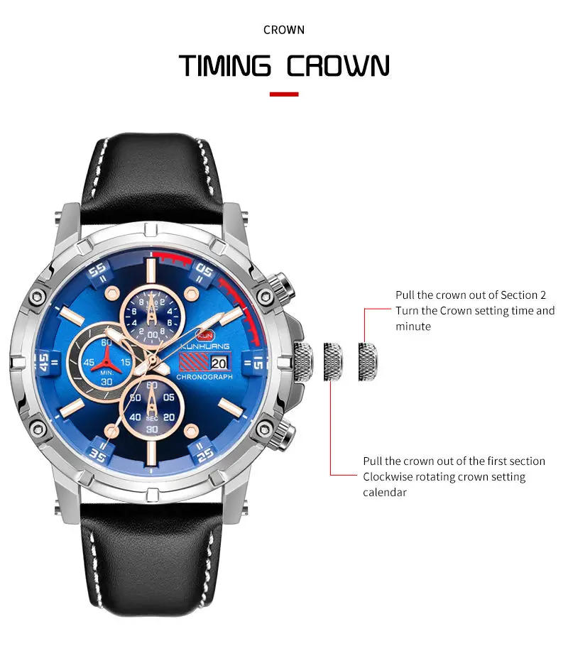 

Men's Chronograph Analog Quartz Watch With Date Luminous Hands Waterproof Genuine Leather Strap Wristswatch for Man Gift