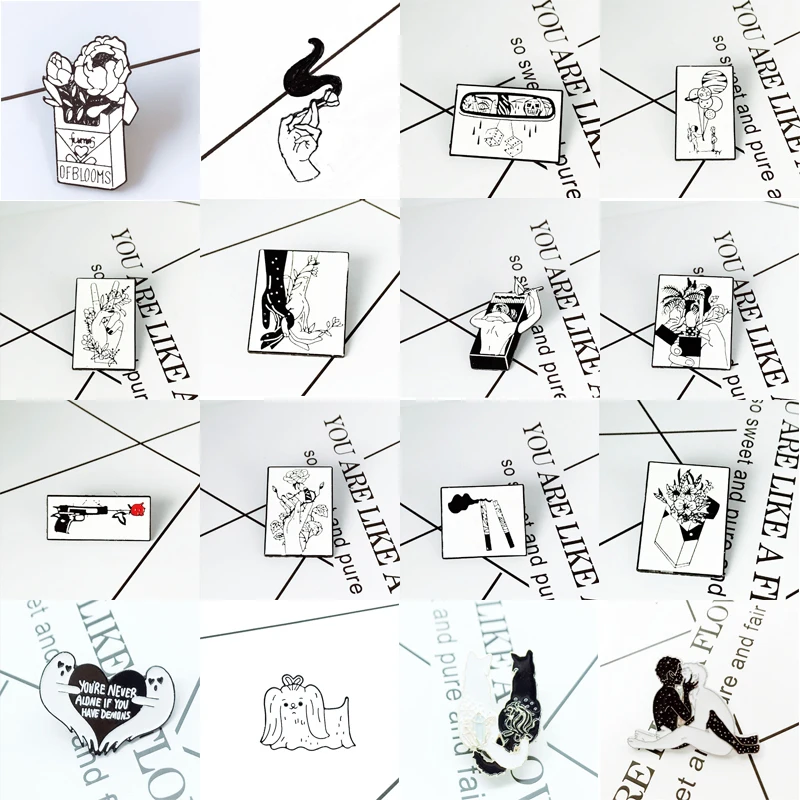 Эмалированная брошь в стиле панк черно-белая брошка виде мультяшного кота собаки