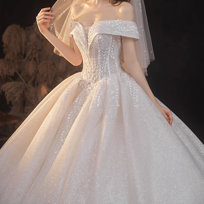 

Wedding Dress Off the Shoulder Boat Neck Sequins Simple Elegant Appliques Ball Gown Lace up New Long Women Bride Dresses B067