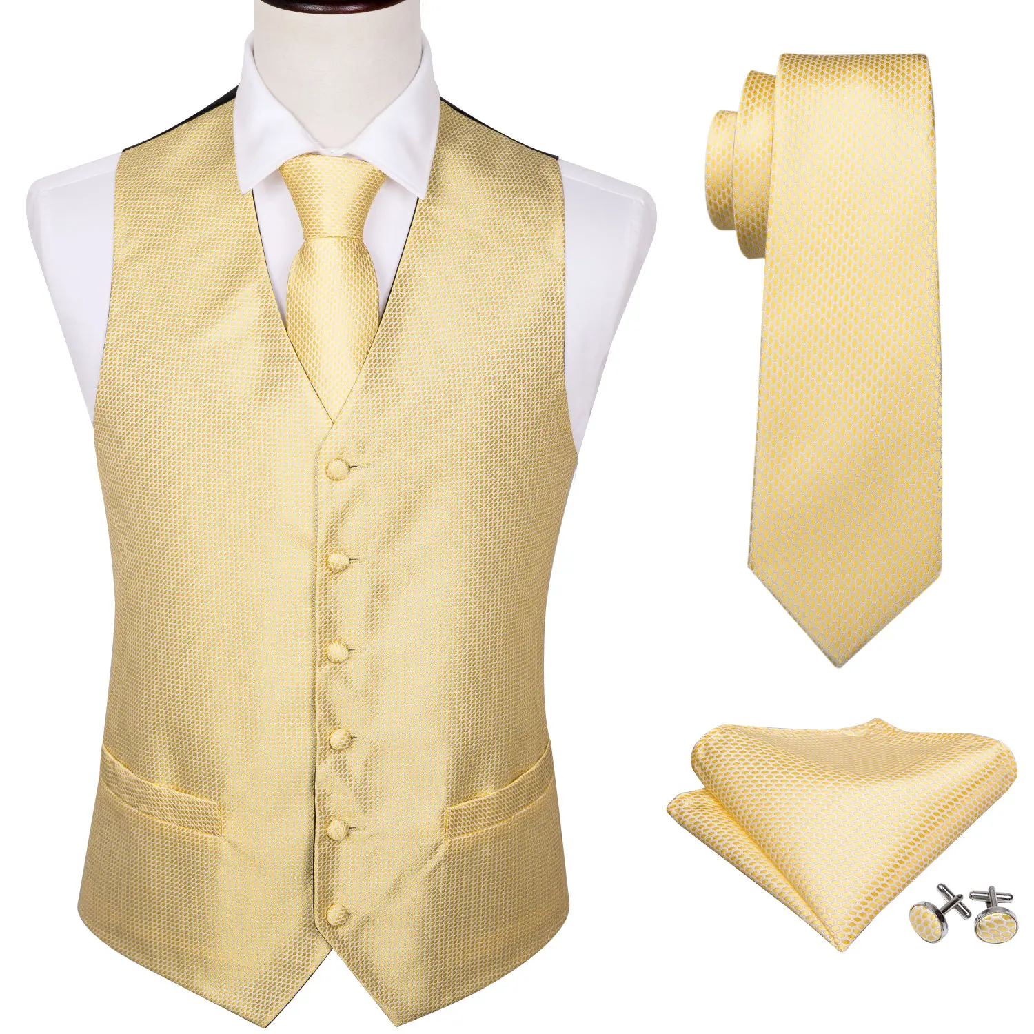 

4PC Mens Silk Vest Party Wedding Yellow Paisley Solid Floral Waistcoat Vest Pocket Square Tie Slim Suit Set Barry.Wang BM-2011