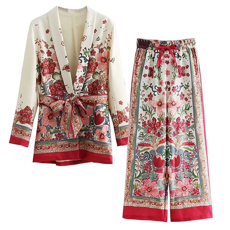 

DANCING WINGS europe style floral printed suit blazer and casual wide leg pants women suits office sets