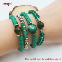 cxqd fashion stainless steel polymer clay crystal beaded elastic bracelet for women popular handmade beads bracelet jewelry