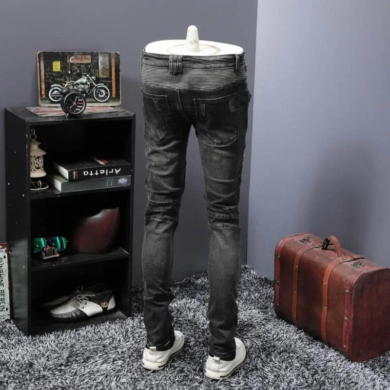 Ripped Vintage Hole Jeans Men Classic Pleated Slim Fit Denim Biker Trousers Street Style Hip Hop Jean Pants Denim Overalls Male