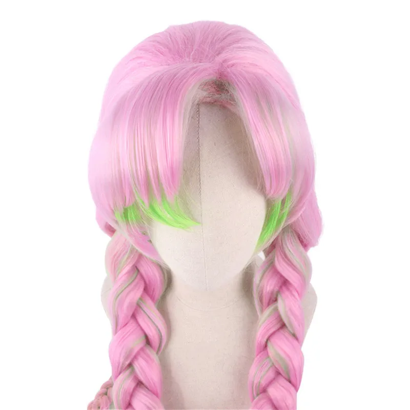 

Kanroji Mitsuri Cosplay Wig Anime Demon Slayer: Kimetsu No Yaiba Women Green Pink Colorful Hair Braids Hairpiece + Free Hair Net