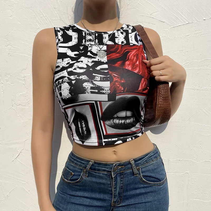 

2021 Streetwear Abstract Print Sleeveless T-shirt Women Casual Print O-neck Vest Tee Shirts Harajuku Loose Women T-shirts