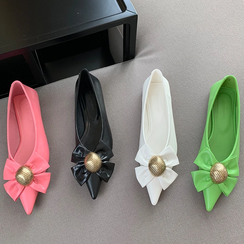 

Женские повседневные туфли на плоской подошве, туфли с острым носком, без застежки, металлические сандалии с бантом-бабочкой, весна-осень 2022