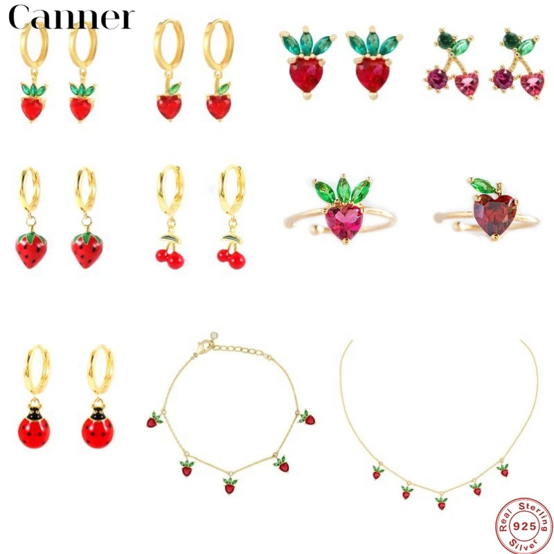 

CANNER Enamel Pendants 925 Sterling Silver Hoop Earrings for Women Cute Fruit Charm Jewelry Making DIY Cherry Strawberry Earring