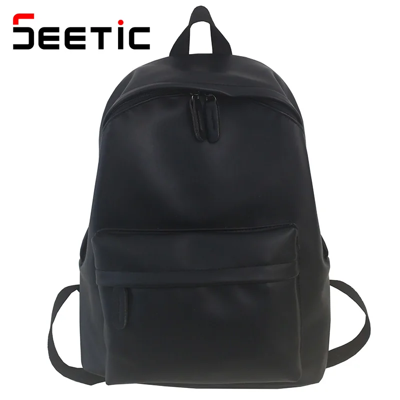 

SEETIC Leather School Backpack Unisex Waterproof Travel Bag Women Quality Casual Book Bag Male Multifunctional Backpack Female