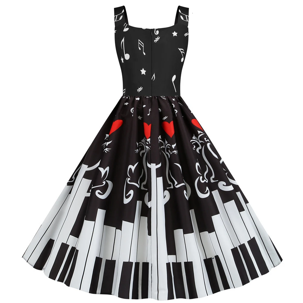 Music Note Heart Print Summer Dress 2020 Fashion Sleeveless Tank Vintage Rockabilly Valentines Party Dresses Swing A-Line Black | Женская